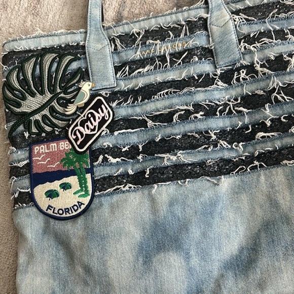 Marc Jacobs Wingman Striped Denim Tote Bag Sequined Tropical Patche - Picture 2 of 8